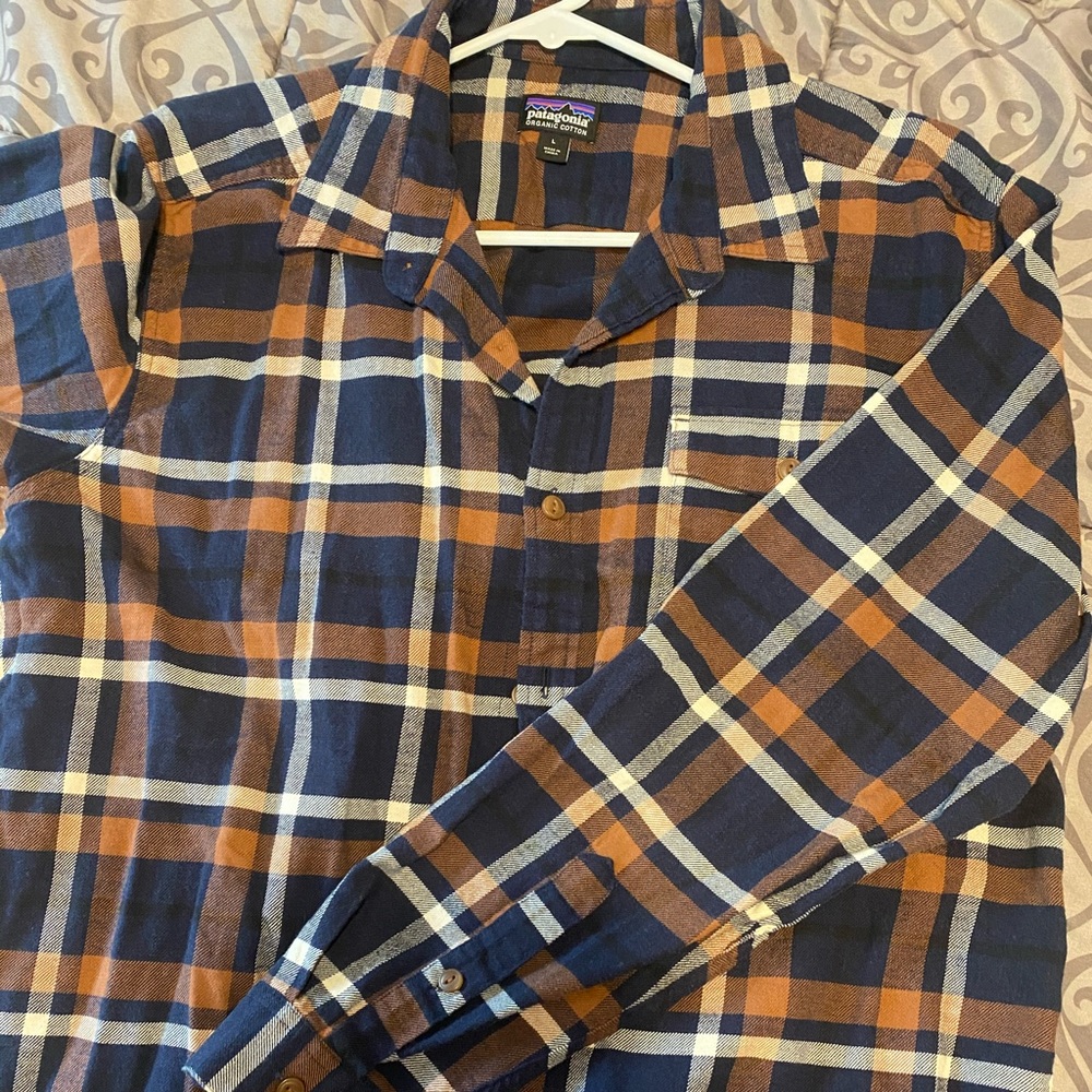 Patagonia Navy, Brown and Cream Plaid Button-Down Shirt